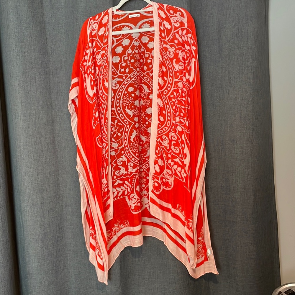 Red Printed Open-Front Kimono Cardigan -  Women